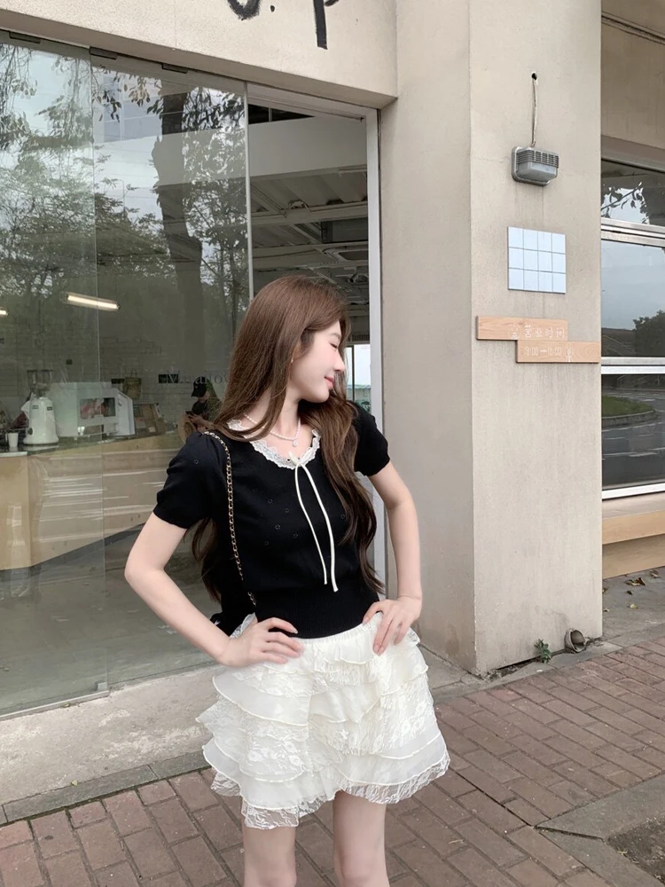 Sweet Bowtie Colorblock Bubble Sleeve Knitted Top Lace Cake Skirt Women's Summer Fashion Set Casual Style High Waist
Sweet Bowtie Colorblock Bubble Sleeve Knitted Top Lace Cake Skirt Women's Summer Fashion Set Casual Style High Waist