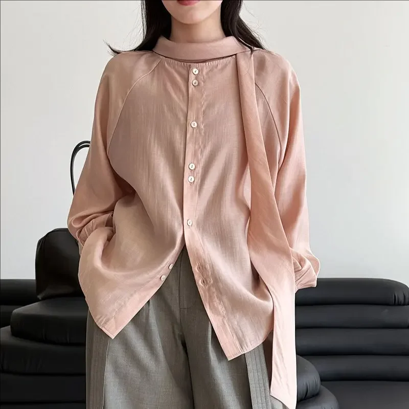 Summer Casual Loose Stand Collar Sash Long Sleeve Shirt New Style Draping Detail Elegant Top for Women
Summer Casual Loose Stand Collar Sash Long Sleeve Shirt New Style Draping Detail Elegant Top for Women