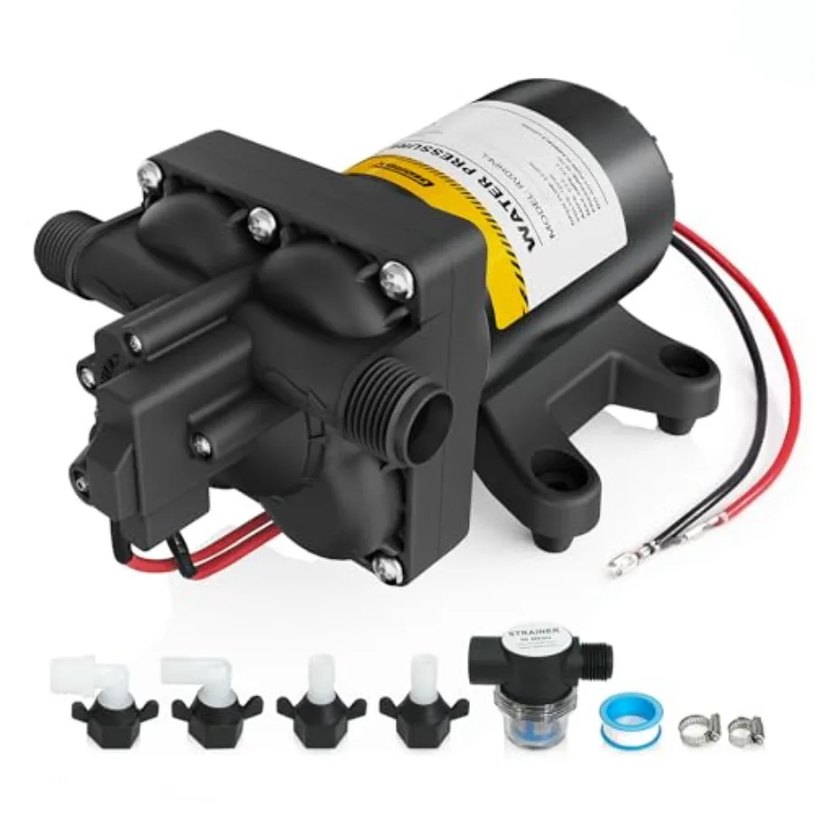 RV fresh water pump, diaphragm type, black, 12V quiet self-priming with pressure switch, 5.0 GPM 55 PSI for RV, camper, boat, m
RV fresh water pump, diaphragm type, black, 12V quiet self-priming with pressure switch, 5.0 GPM 55 PSI for RV, camper, boat, m