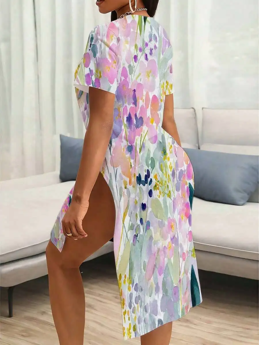 Watercolor Floral Print Bodycon Dress With High Side Slit Short Sleeve Round Neck Asymmetrical Hem Plus Size
Watercolor Floral Print Bodycon Dress With High Side Slit Short Sleeve Round Neck Asymmetrical Hem Plus Size