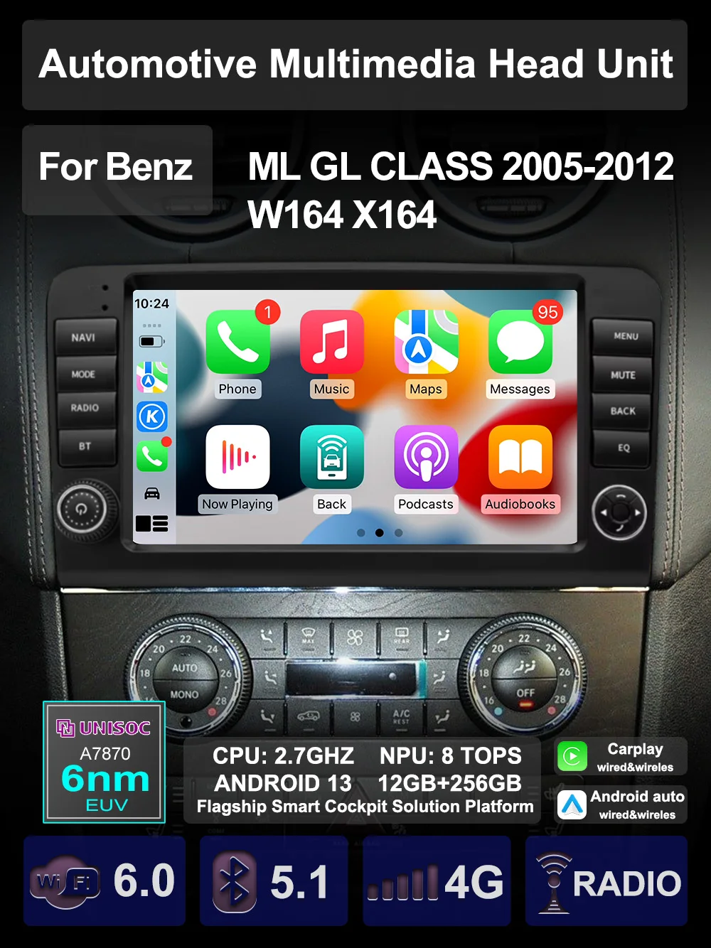 Для Mercedes Benz ML GL CLASS W164 X164 ML350 AI Voice Multimedia Carplay Android Auto GPS Navi Радио стерео Палиер Головное устройство
Для Mercedes Benz ML GL CLASS W164 X164 ML350 AI Voice Multimedia Carplay Android Auto GPS Navi Радио стерео Палиер Головное устройство