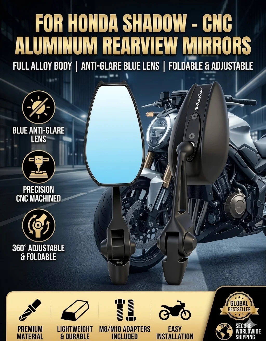 Universal All-aluminum High-end Motorcycle Rearview Mirrors HD Convex glass For Honda Steed Shadow 400 600 VLX400 VLX600 VT400C
Universal All-aluminum High-end Motorcycle Rearview Mirrors HD Convex glass For Honda Steed Shadow 400 600 VLX400 VLX600 VT400C