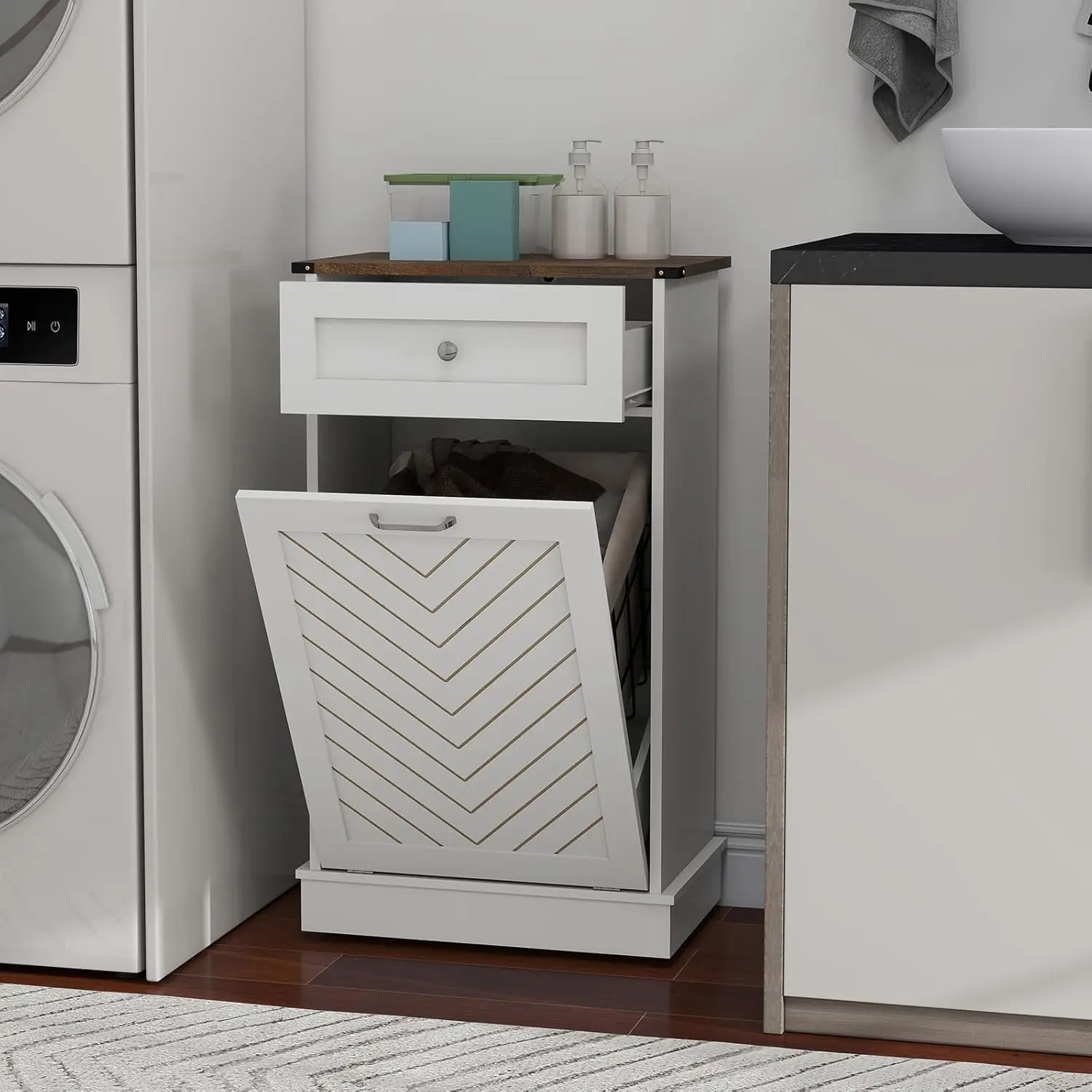 Tilt-Out Laundry Hamper Cabinet, 10 Gallon Herringbone Trash Can Cabinet with Drawer, Hidden Garbage Can Cabinets, Free Stand
Tilt-Out Laundry Hamper Cabinet, 10 Gallon Herringbone Trash Can Cabinet with Drawer, Hidden Garbage Can Cabinets, Free Stand