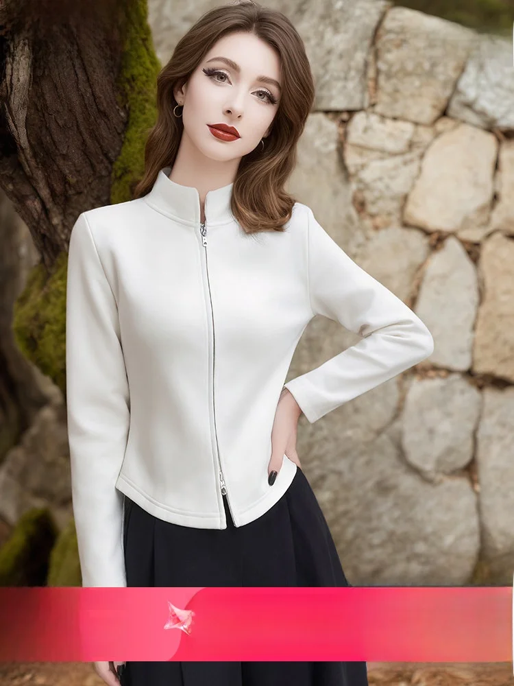 Slim Fit Short Jacket Women's Fashionable Stand Collar Casual Style Polyester Fiber Sporty Top White Velvet Jacket by FX&Mongyi
Slim Fit Short Jacket Women's Fashionable Stand Collar Casual Style Polyester Fiber Sporty Top White Velvet Jacket by FX&Mongyi