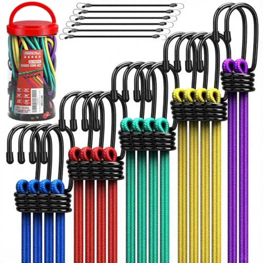 24-Piece Premium Bungee Cords Heavy Duty Outdoor Bungee Cords with Hooks in a Storage Jar Includes 10" 18" 24" 30" 36" 48" Bung
24-Piece Premium Bungee Cords Heavy Duty Outdoor Bungee Cords with Hooks in a Storage Jar Includes 10" 18" 24" 30" 36" 48" Bung