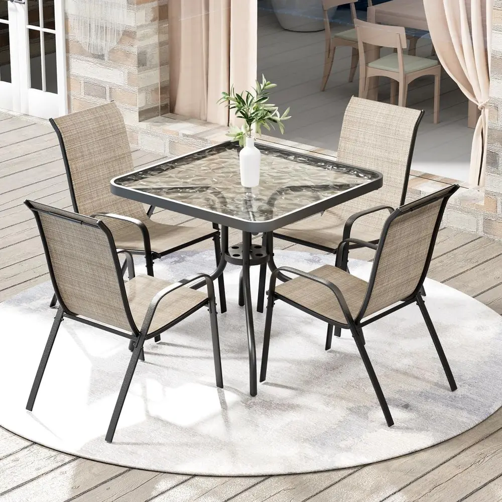 5 Piece Outdoor Patio Dining Set Umbrella not Included, Porch Furniture with 4 Textline Chairs, 1 Square Glass Table for Garden
5 Piece Outdoor Patio Dining Set Umbrella not Included, Porch Furniture with 4 Textline Chairs, 1 Square Glass Table for Garden