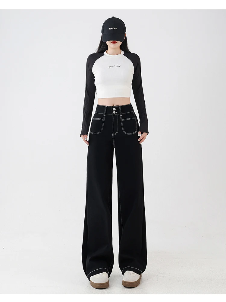 Женские джинсы с высокой талией, широкими штанинами, свободного кроя, длиной в пол, из черного денима, с драпировкой, классические, с модными деталями и молниями на карманах
Женские джинсы с высокой талией, широкими штанинами, свободного кроя, длиной в пол, из черного денима, с драпировкой, классические, с модными деталями и молниями на карманах