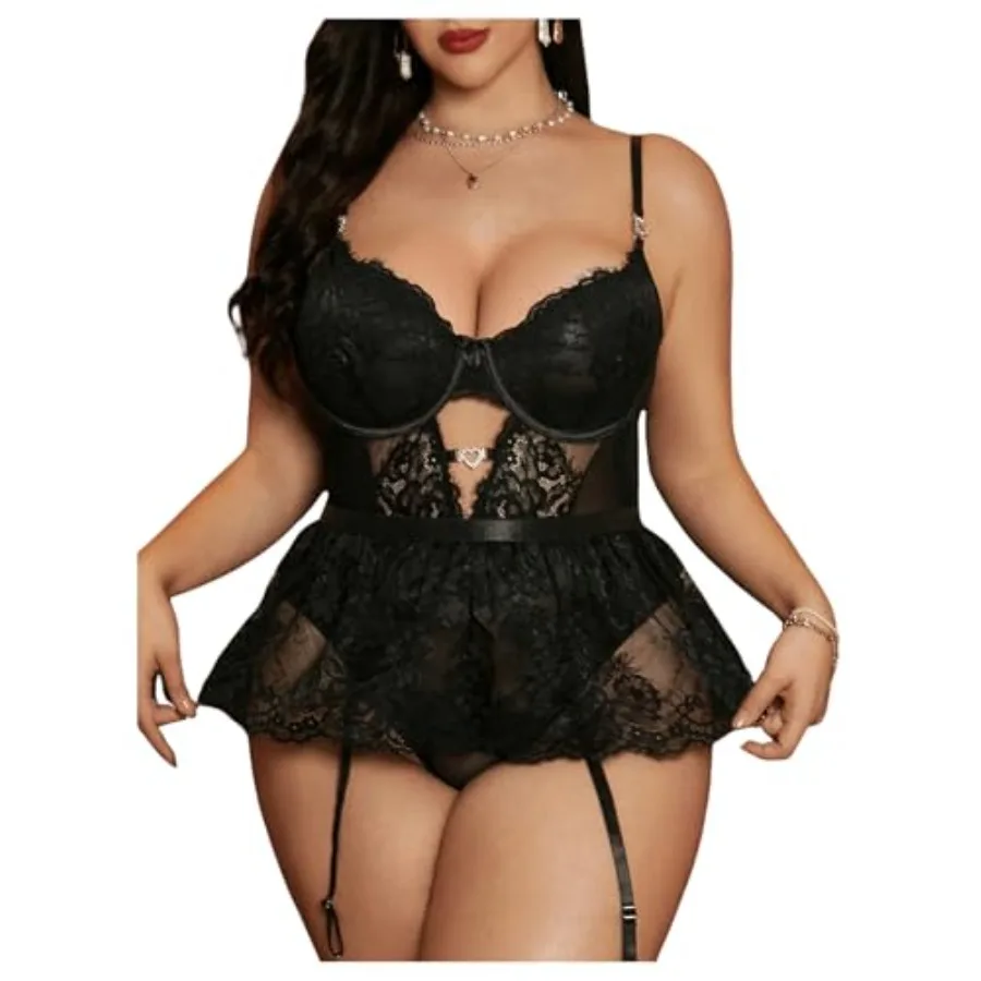 OYOANGLE Women's Plus Size Lace Babydoll Spaghetti Strap V Neck Cut Out Teddy Lingerie Set with Garter Belts
OYOANGLE Women's Plus Size Lace Babydoll Spaghetti Strap V Neck Cut Out Teddy Lingerie Set with Garter Belts
