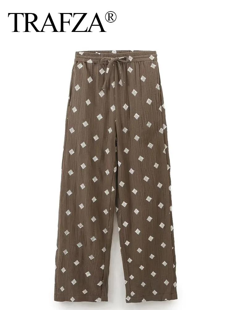 TRAFZA Women Summer Fashion Print High Waist Drawstring Straight Embroidered Trousers Female Chic Pocket Ankle Length Pant Mujer
TRAFZA Women Summer Fashion Print High Waist Drawstring Straight Embroidered Trousers Female Chic Pocket Ankle Length Pant Mujer