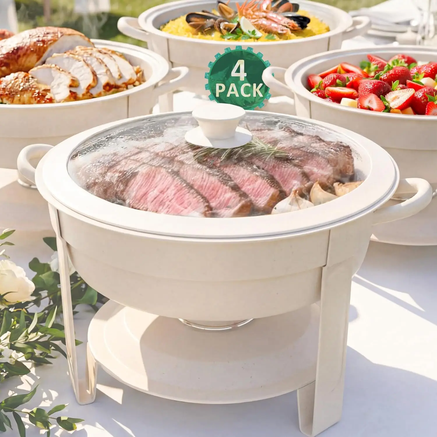 6QT Round Chafing Dish Set of 4, White Granite Stainless Steel with Glass Lids, Stackable Buffet Servers for Parties
6QT Round Chafing Dish Set of 4, White Granite Stainless Steel with Glass Lids, Stackable Buffet Servers for Parties