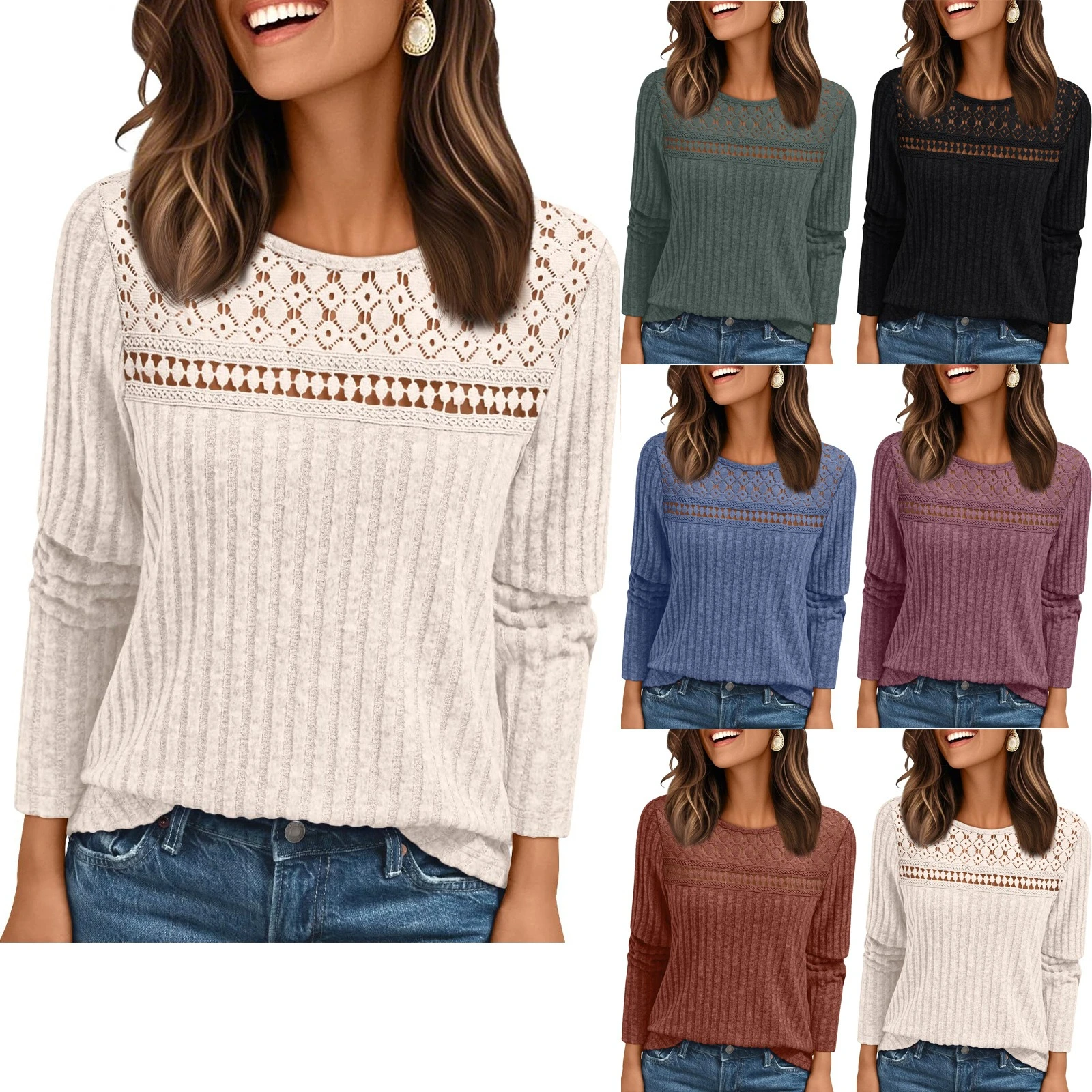 Women's Long Sleeve Pullover Tops Round Neck Hollow Out Lace Dressy Casual Blouses Female Versatile Bottoming Knitwear Shirts
Women's Long Sleeve Pullover Tops Round Neck Hollow Out Lace Dressy Casual Blouses Female Versatile Bottoming Knitwear Shirts