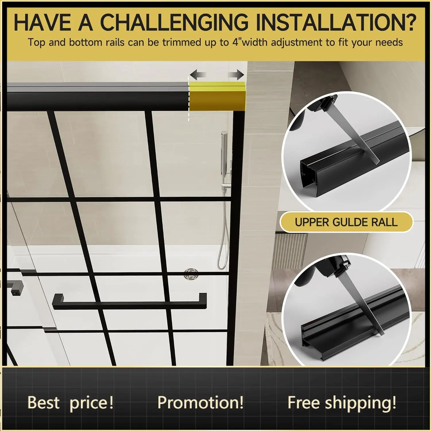 Grid Pattern Sliding Shower Doors, 55-60 in W x 72 in H, 1/4 in(6mm) Tempered Glass, Black Semi-Frameless Shower Door with Alumi
Grid Pattern Sliding Shower Doors, 55-60 in W x 72 in H, 1/4 in(6mm) Tempered Glass, Black Semi-Frameless Shower Door with Alumi