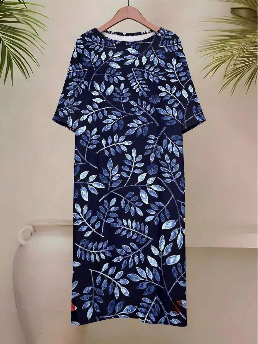 Women Short Sleeve Loose Dress Blue Leaf Print Dark Background Casual Everyday Knit Dress
Women Short Sleeve Loose Dress Blue Leaf Print Dark Background Casual Everyday Knit Dress