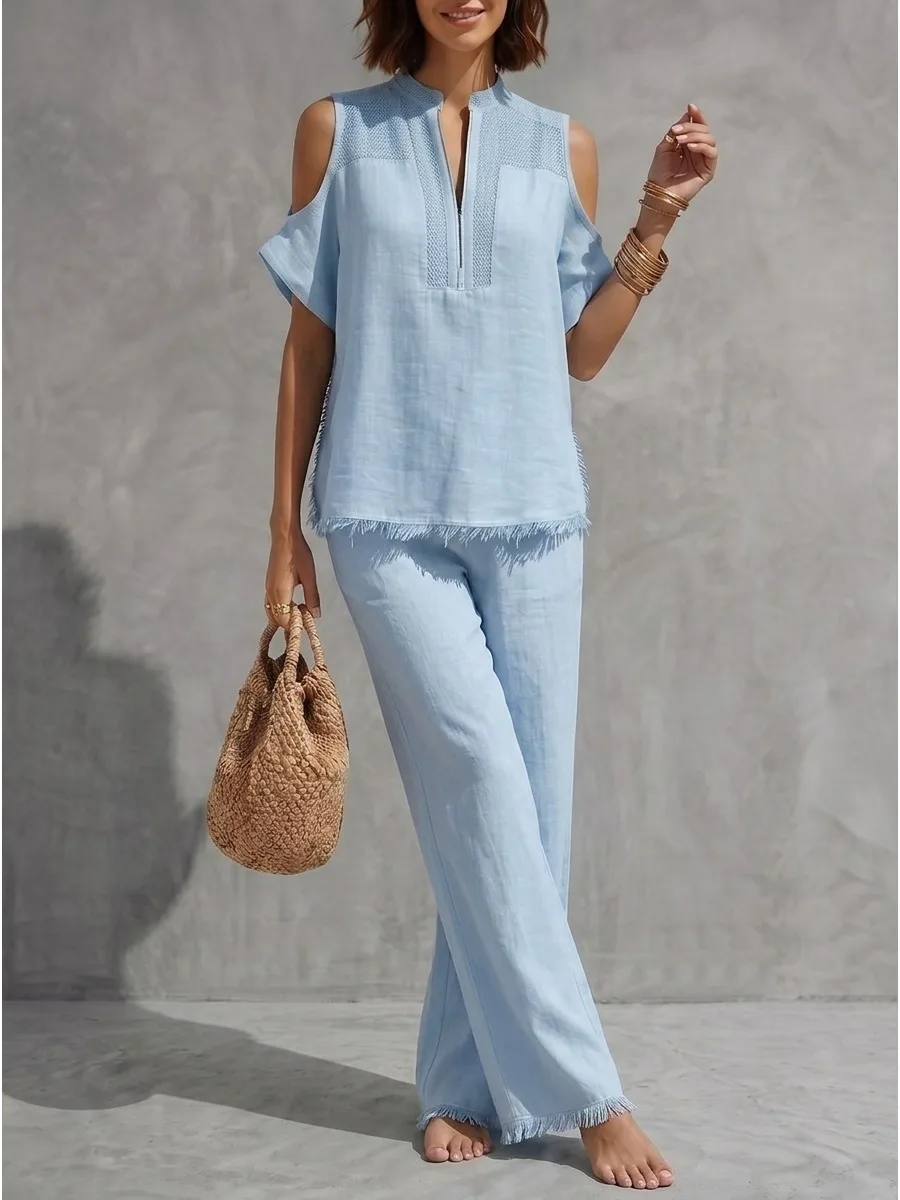 Missuoo 2026 Summer Casual Solid Color Pant Sets Cold Shoulder Zippered Round Neck T-shirt & High Waist Pants Stylish Suit
Missuoo 2026 Summer Casual Solid Color Pant Sets Cold Shoulder Zippered Round Neck T-shirt & High Waist Pants Stylish Suit