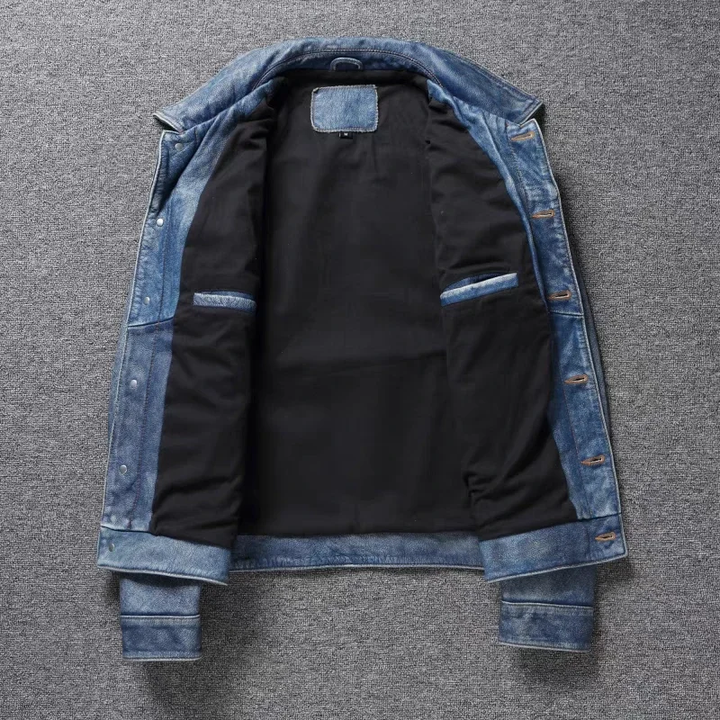 Men's Motorcycle Leather Jacket Light Blue Ami Khaki Retro Graphite Distressed Denim Genuine Leather Jacket Slim Short Jacket 117 Saa2f548974cb4a628462e9e5a2eac6e5H