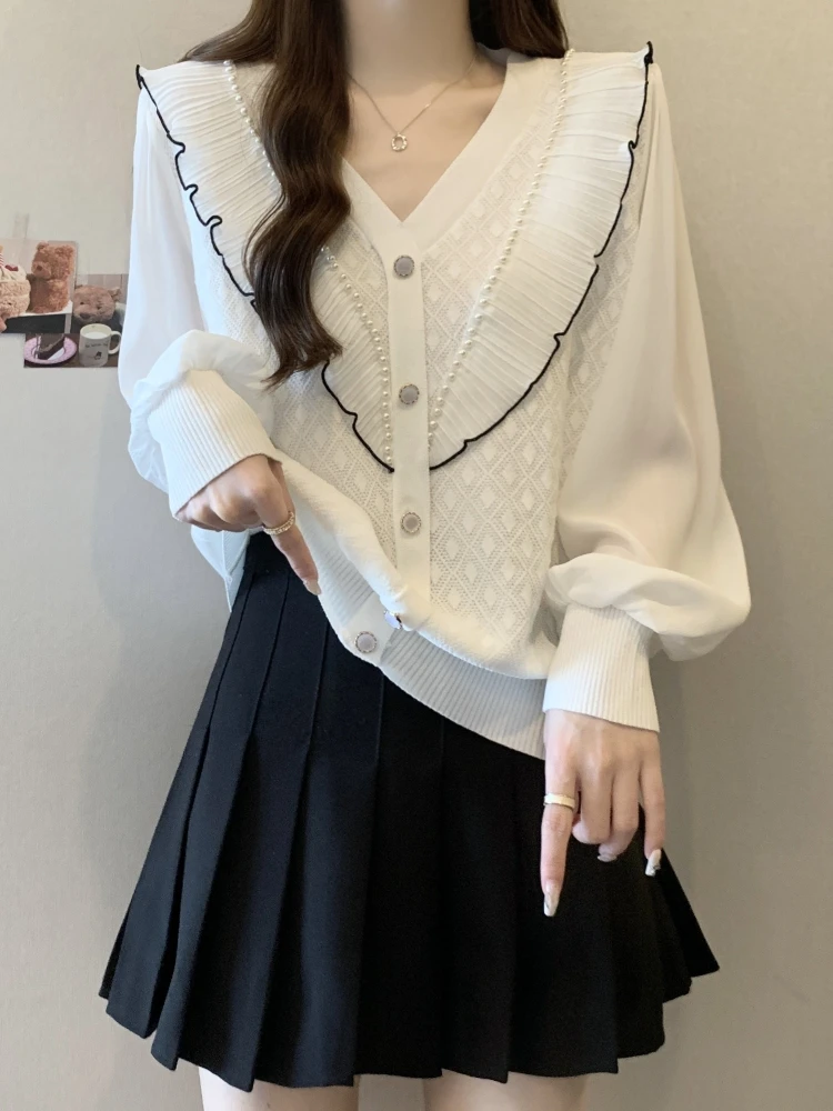 Slimming V-Neck Knitted Shirt Women's Spring Autumn plus Size Floral Base Top Korean Style Loose Fit Long Sleeve Button up
Slimming V-Neck Knitted Shirt Women's Spring Autumn plus Size Floral Base Top Korean Style Loose Fit Long Sleeve Button up