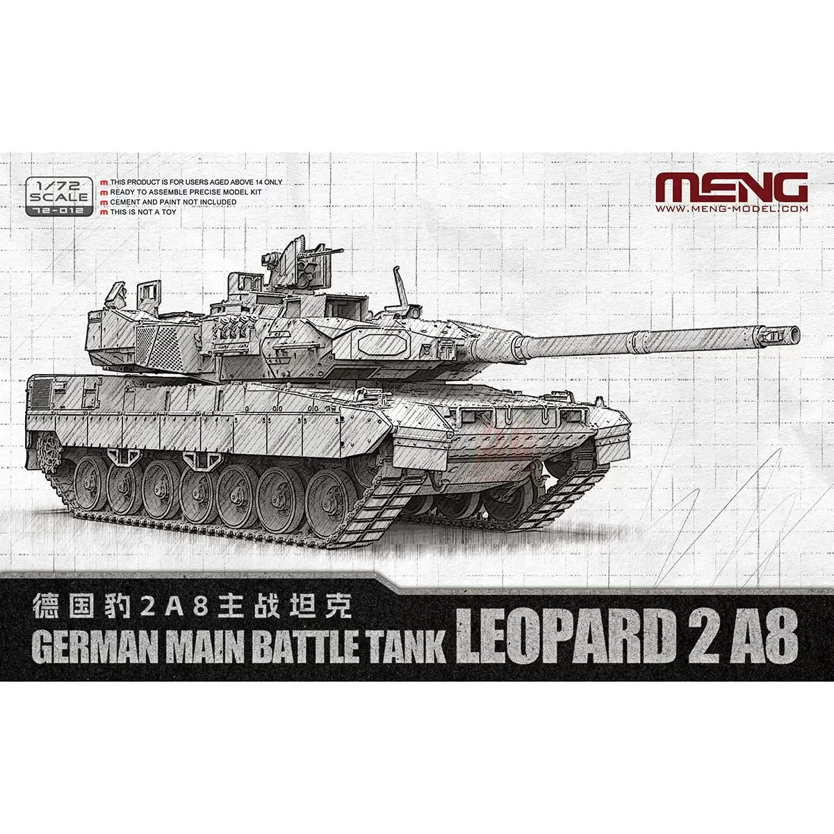 MENG Model 72-012 1/72 German Main Battle Tank Leopard 2A8 Plastic Assembly Model Kit Military Vehicle Building Set
MENG Model 72-012 1/72 German Main Battle Tank Leopard 2A8 Plastic Assembly Model Kit Military Vehicle Building Set