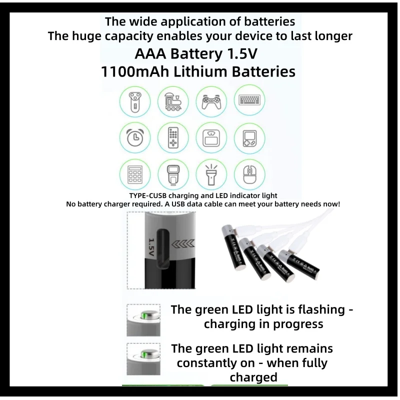 2025 New AAA 1.5V 1100mWh Rechargeable Li-ion Battery for Toy Remote Control Learning Machine Toy Belt USB Type-c Fast Charging
2025 New AAA 1.5V 1100mWh Rechargeable Li-ion Battery for Toy Remote Control Learning Machine Toy Belt USB Type-c Fast Charging