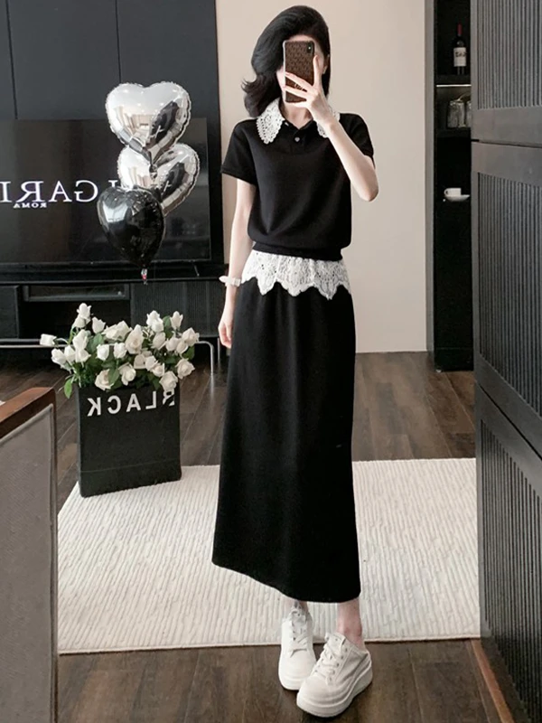 Elegant Casual Sportswear Set for Women Black Lace Short Sleeve Top Half-length Skirt Two-piece Set Summer Trend Splicing
Elegant Casual Sportswear Set for Women Black Lace Short Sleeve Top Half-length Skirt Two-piece Set Summer Trend Splicing