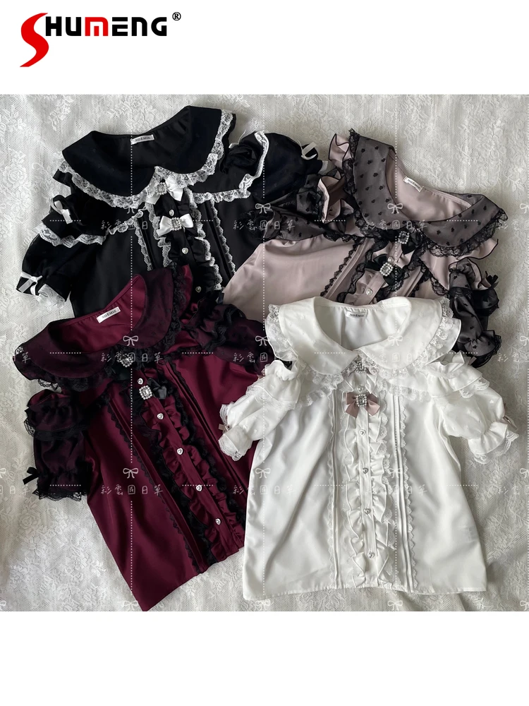 Japanese Mine Style Lolita Blouse Lace Splice Doll Collar Off-shoulder Short Sleeve Heart Buckle Sweet Versatile Shirt Top Women
Japanese Mine Style Lolita Blouse Lace Splice Doll Collar Off-shoulder Short Sleeve Heart Buckle Sweet Versatile Shirt Top Women