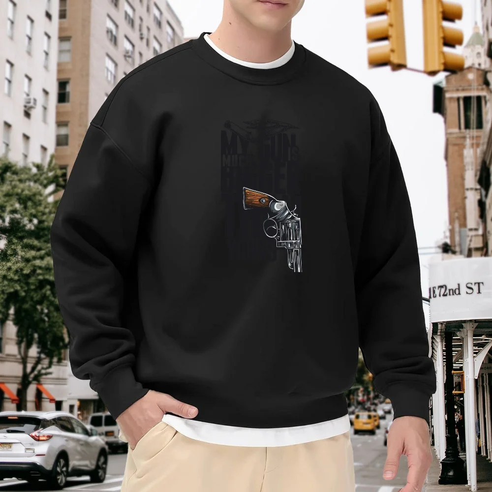 Men's Black Crew Neck Loose Sweatshirt with Pistol Print, Street Style Top, Everyday Casual Versatile Item, Comfortable Breathable Trendy Piece
Men's Black Crew Neck Loose Sweatshirt with Pistol Print, Street Style Top, Everyday Casual Versatile Item, Comfortable Breathable Trendy Piece
