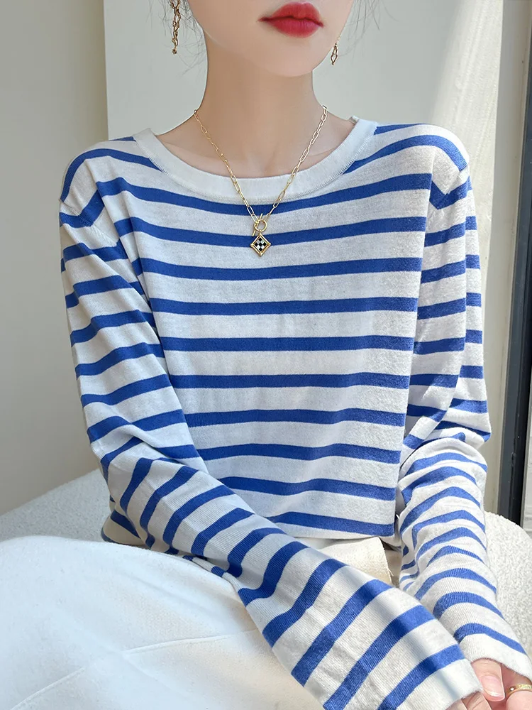 Slimming Striped Knit Long Sleeve T-Shirt Women's Loose Fit Thin Style Base Layer Shirt Commute Style Regular Length Woolen
Slimming Striped Knit Long Sleeve T-Shirt Women's Loose Fit Thin Style Base Layer Shirt Commute Style Regular Length Woolen