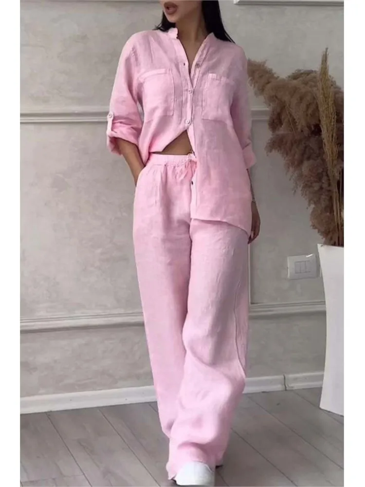 Casual Woman 2-Piece Set Cotton Solid Color V-neck Long Sleeved Button Shirt Lace Up Wide Legs Pants Ladies Suit Fashion Outfits
Casual Woman 2-Piece Set Cotton Solid Color V-neck Long Sleeved Button Shirt Lace Up Wide Legs Pants Ladies Suit Fashion Outfits