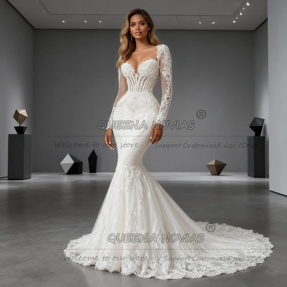 Luxury Lace Appliques Sweetheart Wedding Dresses For Bride Customized فستان زفاف Illusion Long Sleeves Mermaid Bridal Gowns 2026
Luxury Lace Appliques Sweetheart Wedding Dresses For Bride Customized فستان زفاف Illusion Long Sleeves Mermaid Bridal Gowns 2026