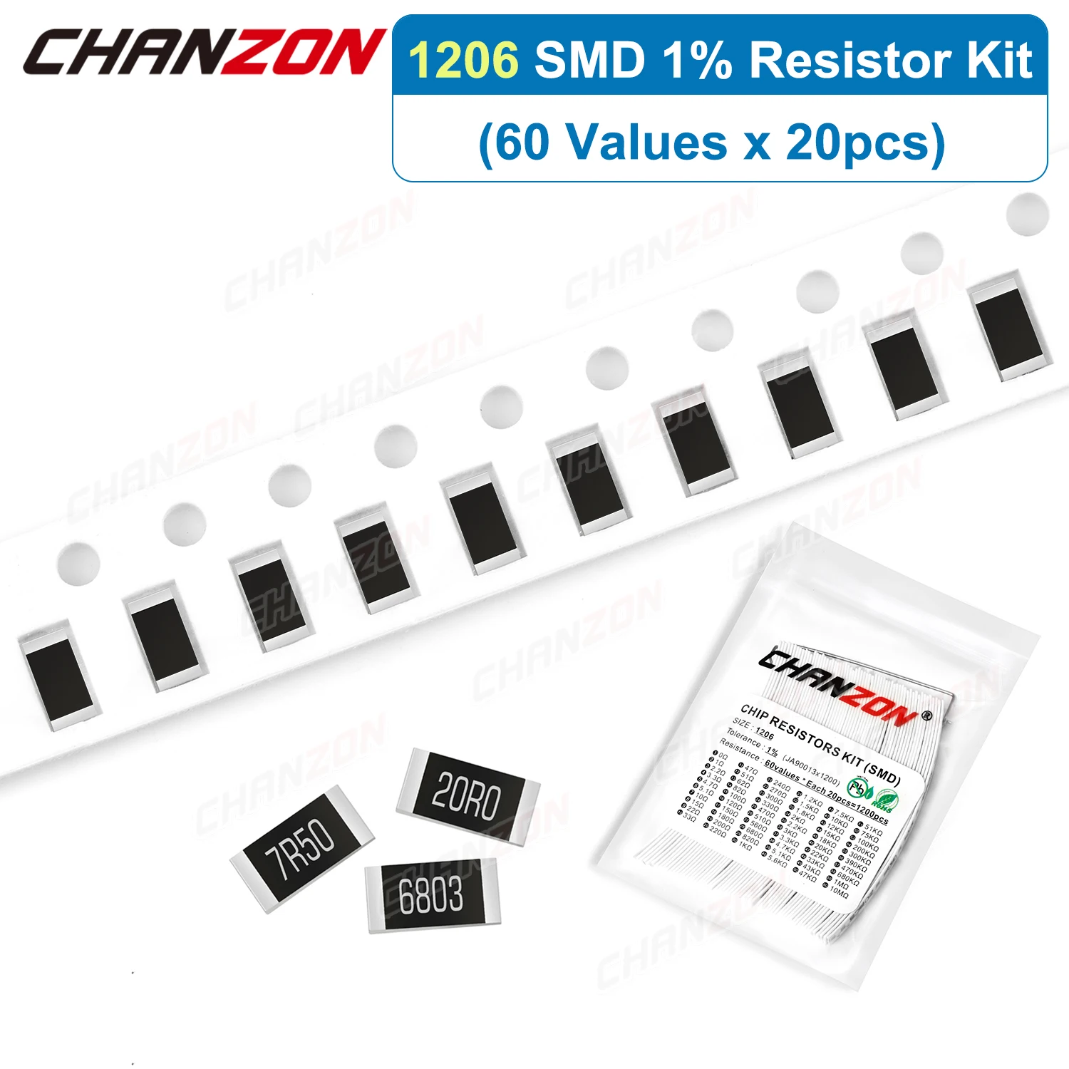 1200Pcs/lot 60 Values 1206 1% High Precision SMD Resistor Kit 0 1 120 200 470 1K 4.7K 20K 33K Ohm 1/4W Resistance Assortment Set
1200Pcs/lot 60 Values 1206 1% High Precision SMD Resistor Kit 0 1 120 200 470 1K 4.7K 20K 33K Ohm 1/4W Resistance Assortment Set