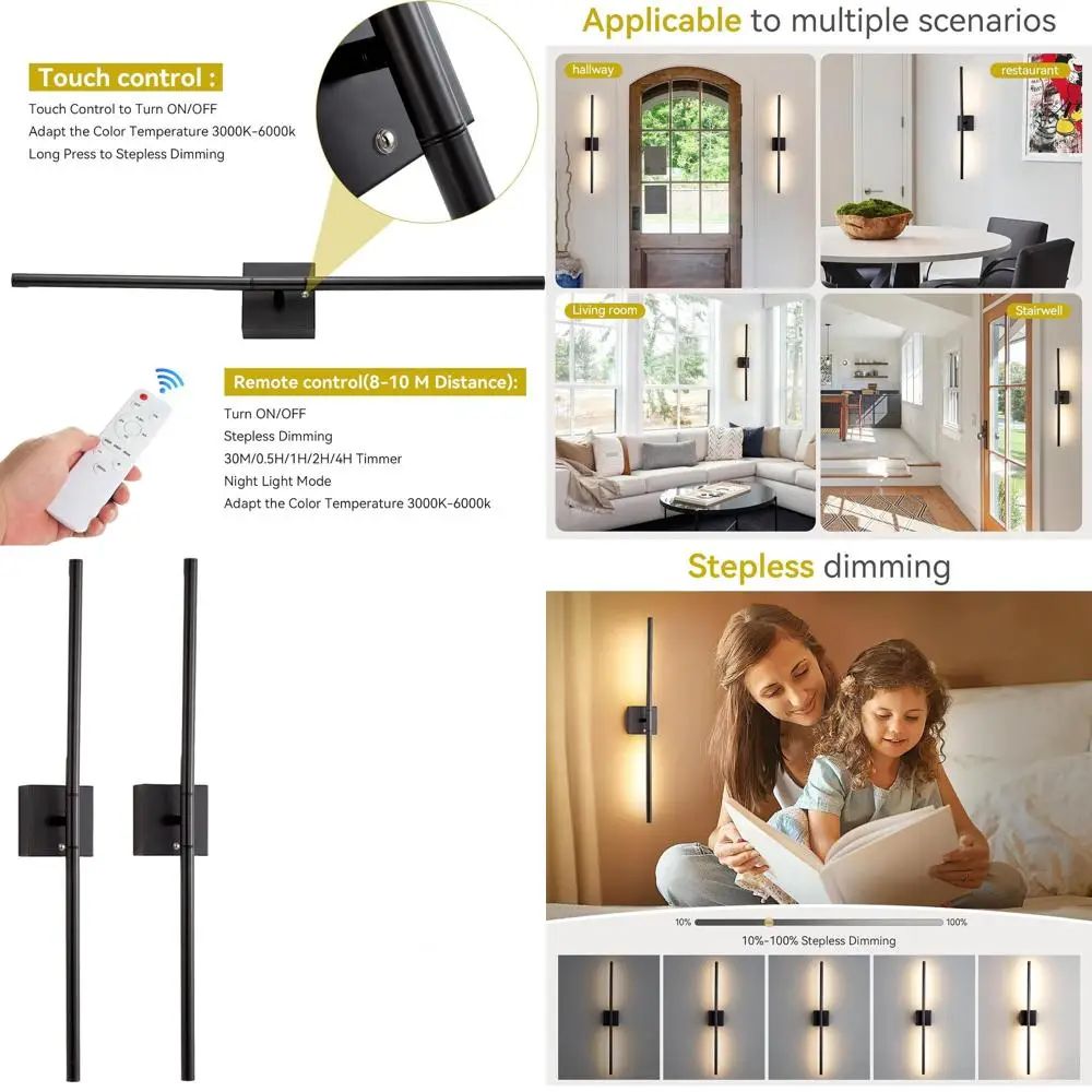 2-Piece Rechargeable LED Wall Sconces with Remote, Dimmable 3000K-6500K, 360° Rotation, Black for Home Decor
2-Piece Rechargeable LED Wall Sconces with Remote, Dimmable 3000K-6500K, 360° Rotation, Black for Home Decor