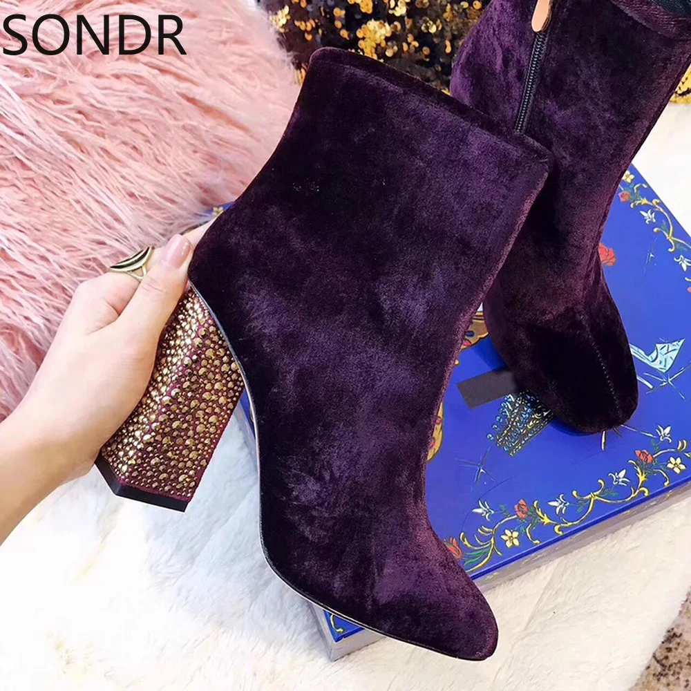 Womens Square Toe Velvet Leather Ankle Boots Block High Rhinestones Crystal Heels Warm Winter Shoes Black Purple New
Womens Square Toe Velvet Leather Ankle Boots Block High Rhinestones Crystal Heels Warm Winter Shoes Black Purple New
