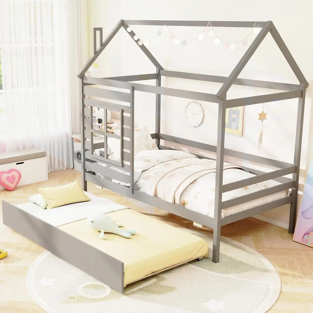 Twin House Bed with Trundle, Playhouse Design, Chimney & Window, Wooden Slats, Suitable for Kids and Teens, Grey
Twin House Bed with Trundle, Playhouse Design, Chimney & Window, Wooden Slats, Suitable for Kids and Teens, Grey