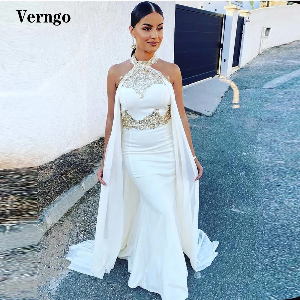 Verngo White Arabic Women Evening Dresses Mermaid Champage Satin Applique Halter Long Shawl Africa Women Formal Prom Gowns
Verngo White Arabic Women Evening Dresses Mermaid Champage Satin Applique Halter Long Shawl Africa Women Formal Prom Gowns