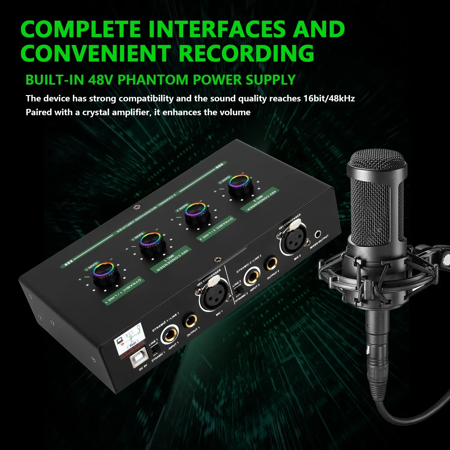 Guitar Instrument Microphone Amplifier Moving Coil Capacitor Microphone Sound Card Universal 48V Phantom Dual Power Supply
Guitar Instrument Microphone Amplifier Moving Coil Capacitor Microphone Sound Card Universal 48V Phantom Dual Power Supply