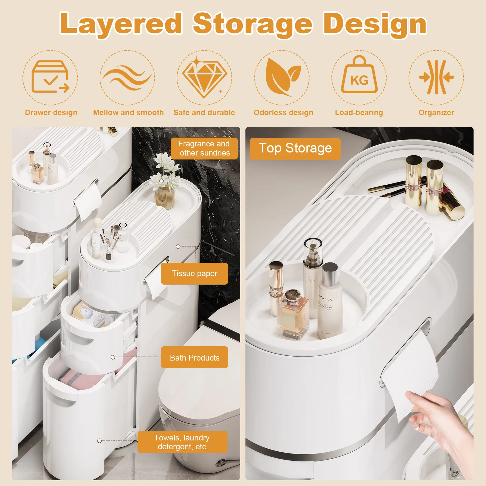 3-Tiers Slim Bathroom Storage Cabinet Waterproof Narrow Floor Cabinet with Tissue Box and Wheels Storage Organizer with Drawers
3-Tiers Slim Bathroom Storage Cabinet Waterproof Narrow Floor Cabinet with Tissue Box and Wheels Storage Organizer with Drawers