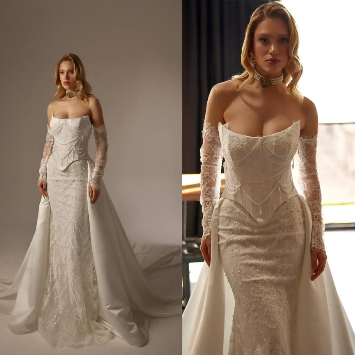 Vintage Mermaid Wedding Dress Strapless Sleeveless Bridal Gowns Lace Pearl Beading Detachable Train Dresses Custom Made vestidos
Vintage Mermaid Wedding Dress Strapless Sleeveless Bridal Gowns Lace Pearl Beading Detachable Train Dresses Custom Made vestidos
