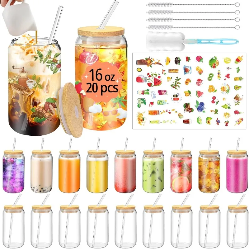 16 OZ Glass Cups with Lids and Straws, 20 Set Can Beer Glass Cups with Bamboo Lids Cute and Reusable Drinking glasses
16 OZ Glass Cups with Lids and Straws, 20 Set Can Beer Glass Cups with Bamboo Lids Cute and Reusable Drinking glasses