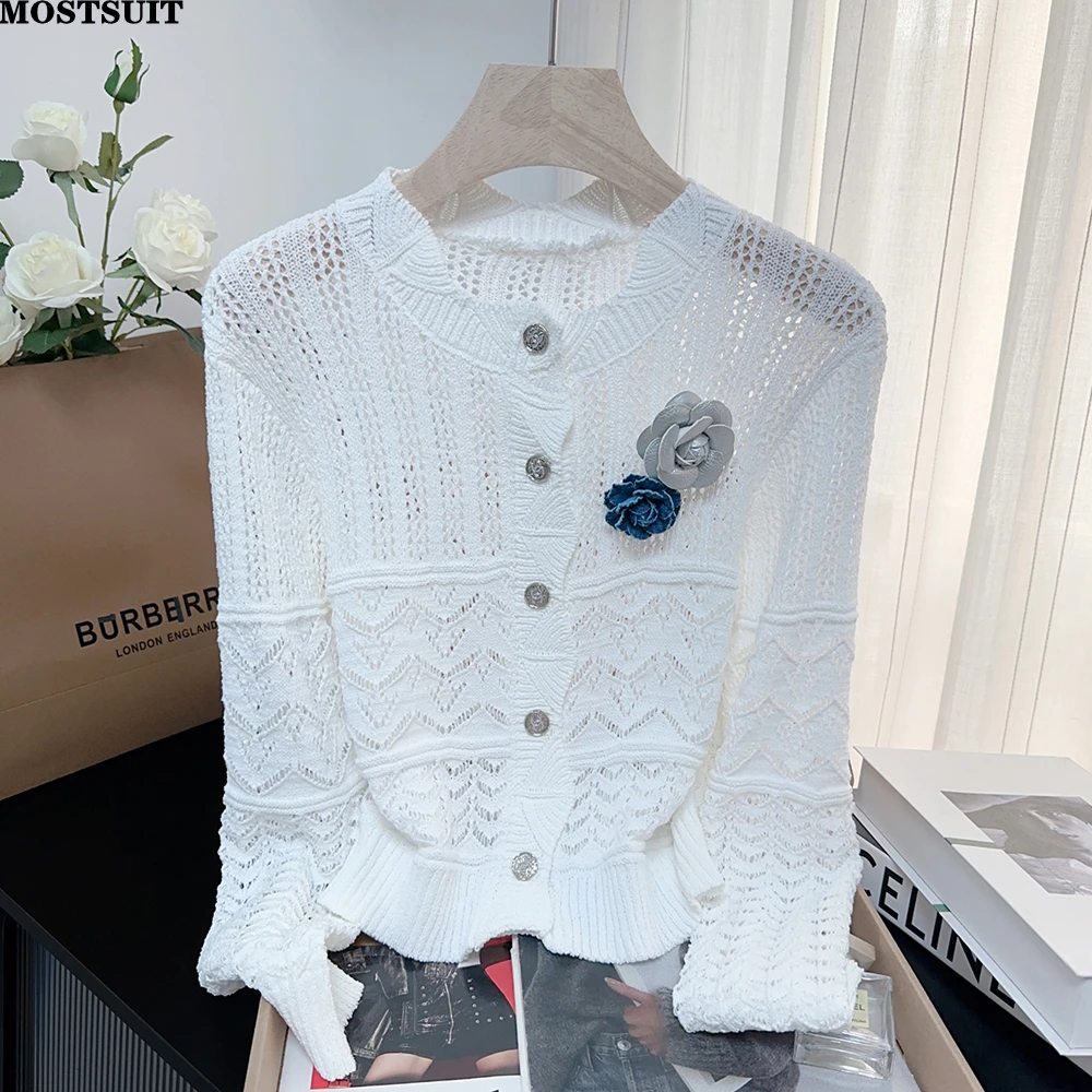 Белый полый вязаный свитер, кардиган, женская солнцезащитная куртка с цветочным принтом, топы с длинными рукавами, элегантный стильный шикарный женский трикотаж 2025
Белый полый вязаный свитер, кардиган, женская солнцезащитная куртка с цветочным принтом, топы с длинными рукавами, элегантный стильный шикарный женский трикотаж 2025