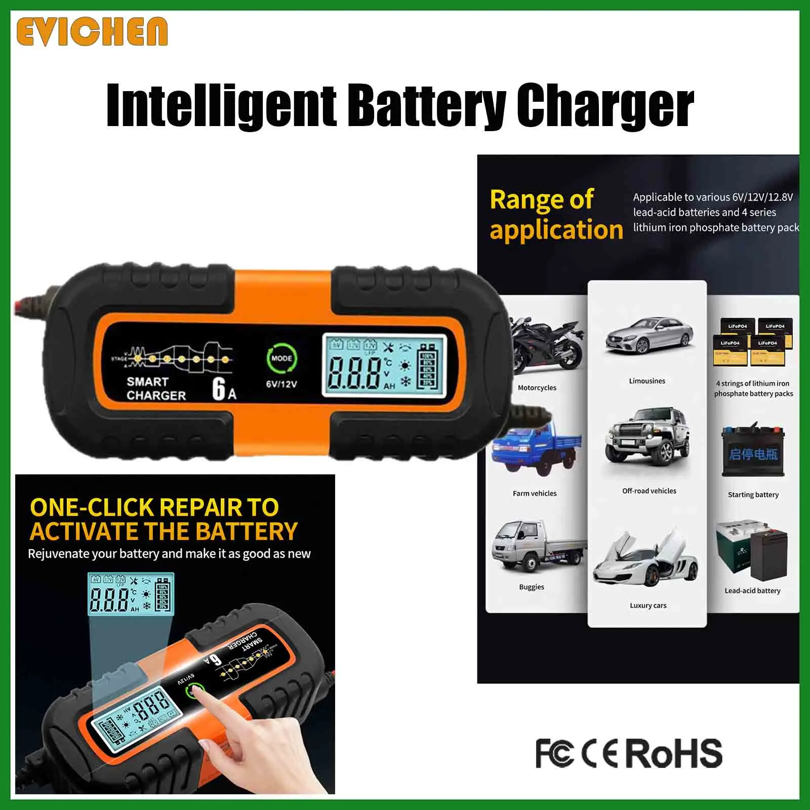 Intelligent Battery Charger for STD,GEL,AGM,EFB,LFP-6V 12V Lithium Iron,12.8V 4AH-100AH Lead-acid,Lithium Iron Phosphate Battery
Intelligent Battery Charger for STD,GEL,AGM,EFB,LFP-6V 12V Lithium Iron,12.8V 4AH-100AH Lead-acid,Lithium Iron Phosphate Battery