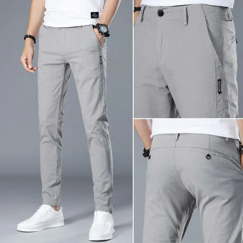Мужские летние повседневные брюки из эластичного хлопка, тонкие, облегающие, молодежные, удобные, с узким низом, модные длинные брюки
Мужские летние повседневные брюки из эластичного хлопка, тонкие, облегающие, молодежные, удобные, с узким низом, модные длинные брюки