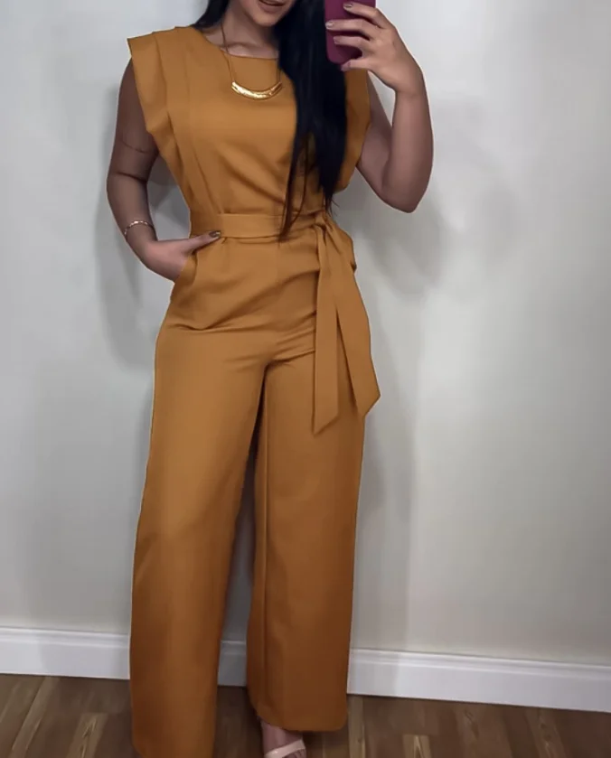 Round Neck Hat Sleeve Lace Up Detail Jumpsuit Casual Pocket Design Solid Color Jumpsuit Elegant Dress Jumpsuit for Women
Round Neck Hat Sleeve Lace Up Detail Jumpsuit Casual Pocket Design Solid Color Jumpsuit Elegant Dress Jumpsuit for Women