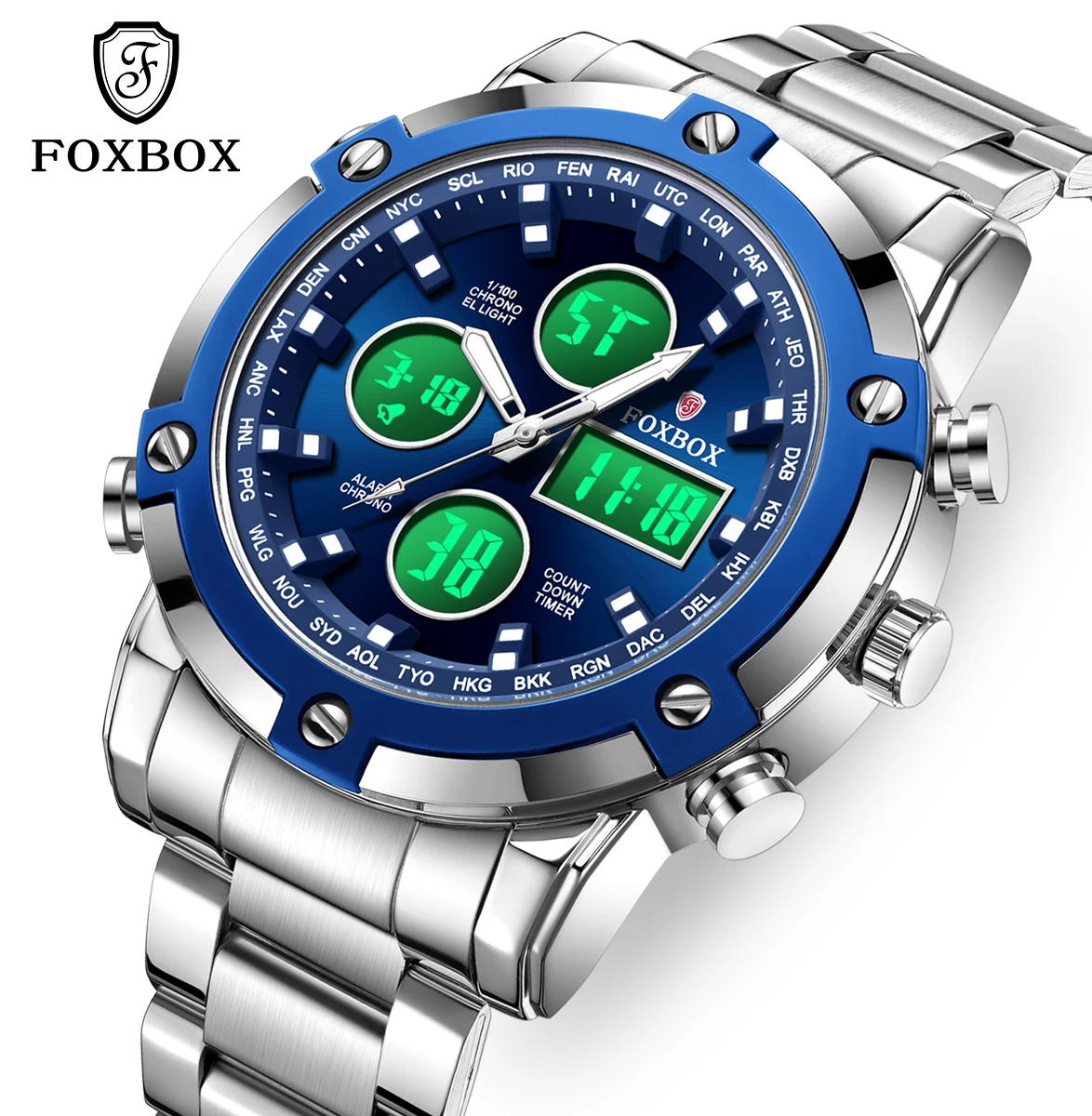 FOXBOX New Digital Mens Watches Fashion LED Dual Display Quartz Wristwatches Sport Waterproof Steel Luxury Watch Men Relojs+Box
FOXBOX New Digital Mens Watches Fashion LED Dual Display Quartz Wristwatches Sport Waterproof Steel Luxury Watch Men Relojs+Box