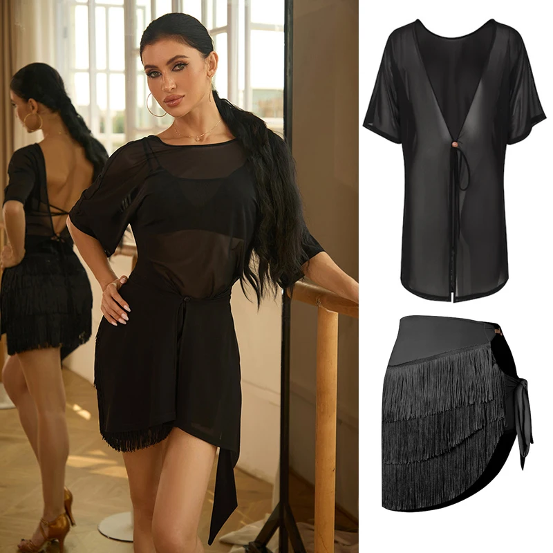 Summer Women's Latin Dance Clothes Black Mesh Tops Tassel Skirt Rumba Cha Cha Samba Dance Practice Clothing Training Wear V27164
Summer Women's Latin Dance Clothes Black Mesh Tops Tassel Skirt Rumba Cha Cha Samba Dance Practice Clothing Training Wear V27164