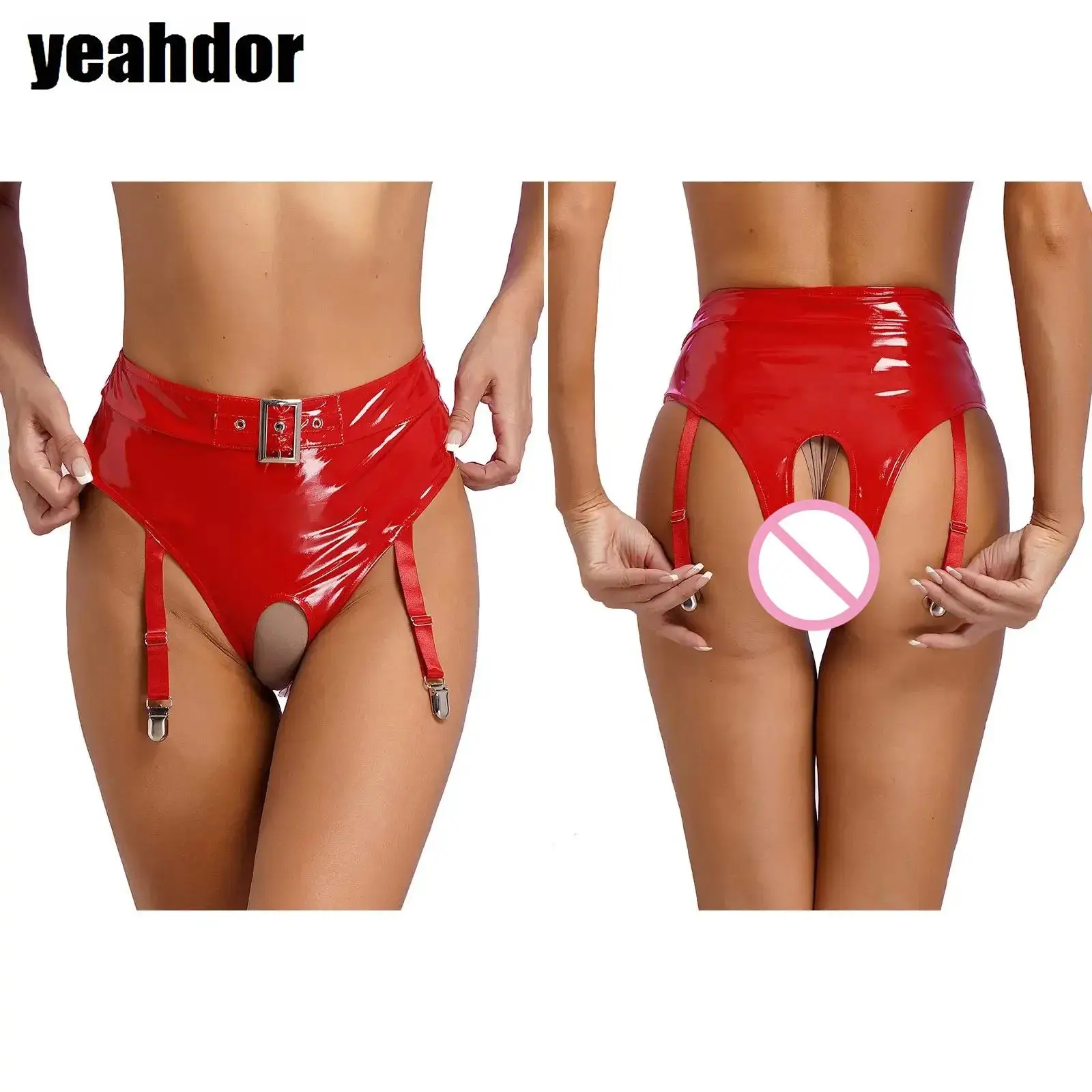 Womens Patent Leather Thong Briefs Open Crotch Underwear with Garter Clips High Waist Lingerie Clubwear Dating Nights
Womens Patent Leather Thong Briefs Open Crotch Underwear with Garter Clips High Waist Lingerie Clubwear Dating Nights