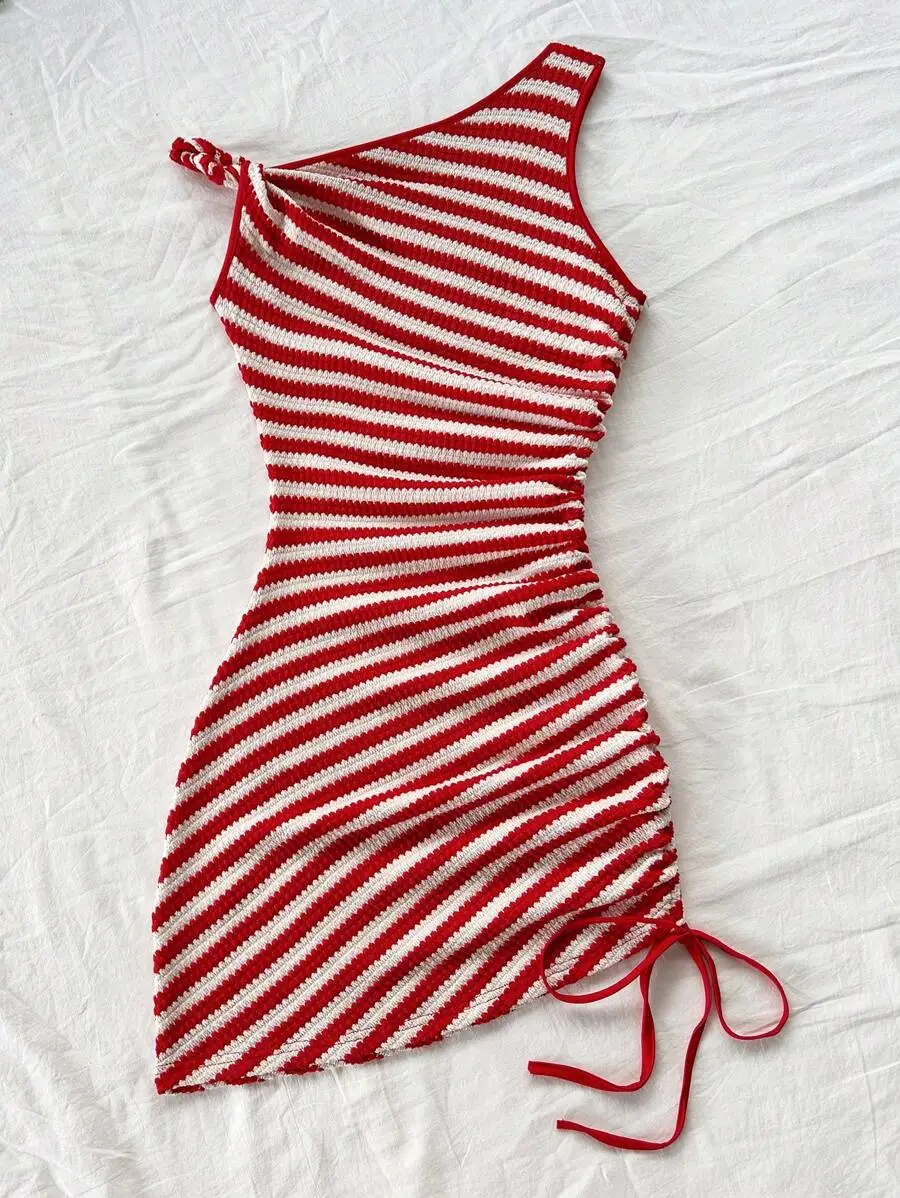 Red And White Striped Asymmetrical Twisted Drawstring Side Gathered Bodycon Mini Dress For Women
Red And White Striped Asymmetrical Twisted Drawstring Side Gathered Bodycon Mini Dress For Women