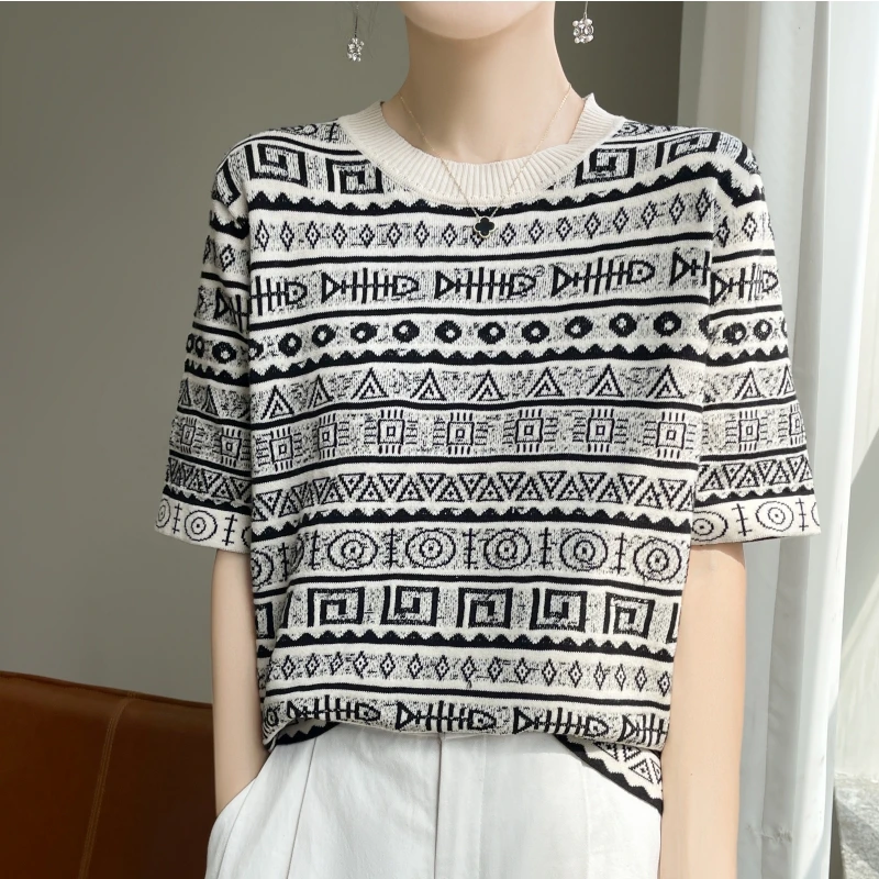 Women's Summer New 100% Cotton Knitted Short Sleeve Casual Color blocked Jacquard Round Neck Top Loose Fashion Pullover
Women's Summer New 100% Cotton Knitted Short Sleeve Casual Color blocked Jacquard Round Neck Top Loose Fashion Pullover