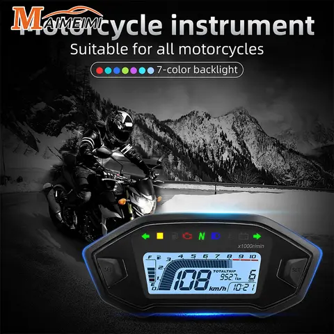 Velocímetro Universal para motocicleta, tablero de motocicleta, retroiluminación de 7 colores, indicador de combustible ajustable, odómetro LCD Digital para 1, 2, 4 cilindros