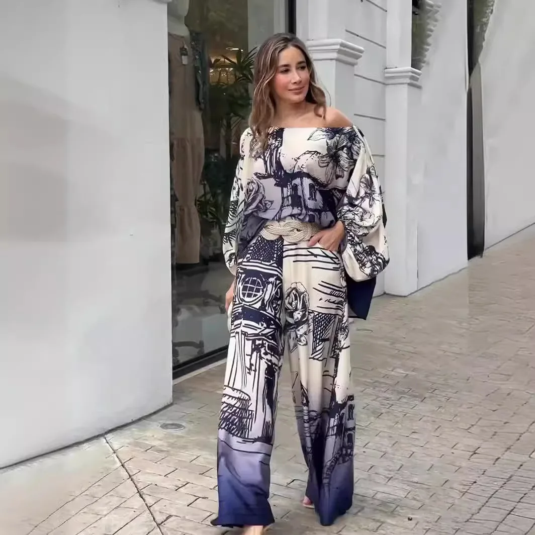 Fashion Vintage Print Set Women's Summer Off-shoulder Bat Sleeve Top + Wide-leg Pants Belt Women 2-piece Elegant Women's Outfit
Fashion Vintage Print Set Women's Summer Off-shoulder Bat Sleeve Top + Wide-leg Pants Belt Women 2-piece Elegant Women's Outfit