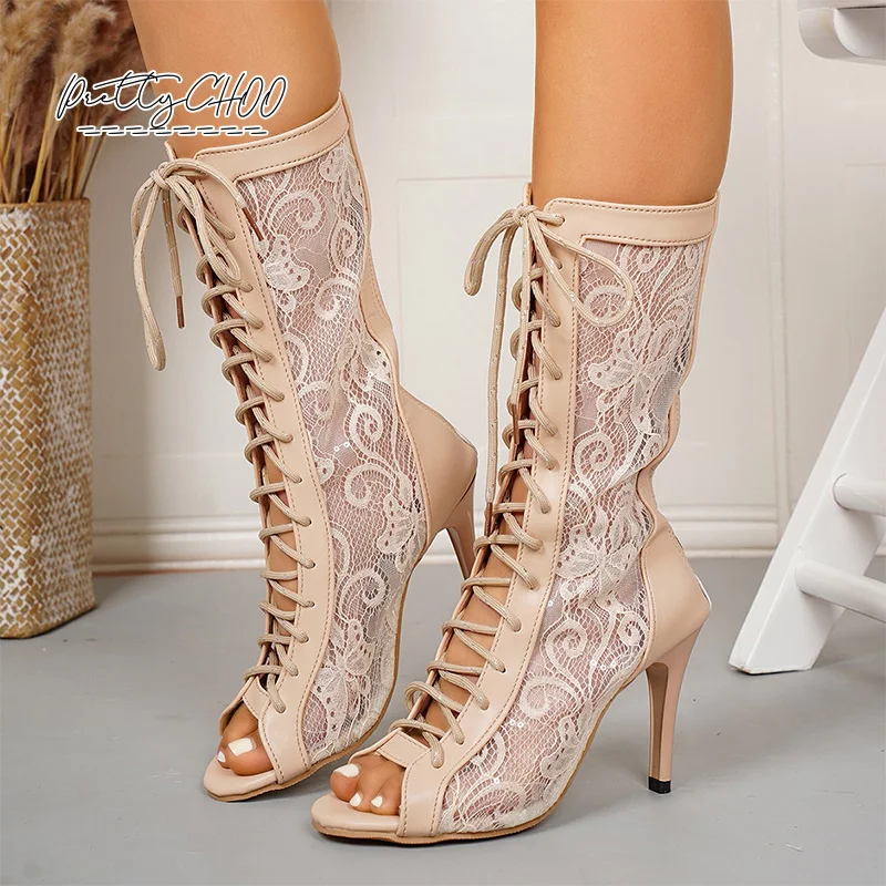 High Top Nude Floral Lace Latin Dance Shoes Woman Peep Toe Cross Tied Lace-up Mesh Boots Ladies Stiletto Mid-Calf Dancing Boots
High Top Nude Floral Lace Latin Dance Shoes Woman Peep Toe Cross Tied Lace-up Mesh Boots Ladies Stiletto Mid-Calf Dancing Boots