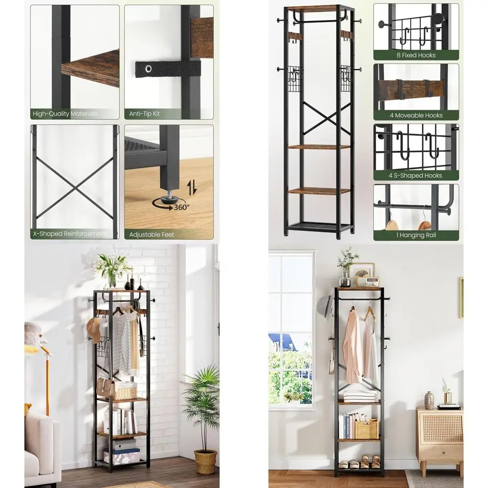 Rustic Brown and Black Coat Rack with 16 Hooks, Shelves, and Hanging Rail for Entryway, Hallway, or Bedroom
Rustic Brown and Black Coat Rack with 16 Hooks, Shelves, and Hanging Rail for Entryway, Hallway, or Bedroom